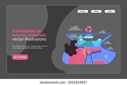 Eco-conscious driving experience. A focus on sustainable car interior materials in electric vehicle design. Driving towards a greener future. Flat vector illustration.