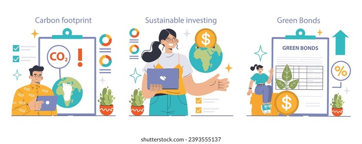 Eco-conscious finance set. Tracking carbon footprint, global sustainable investing, and the rise of green bonds. Financial eco choices. Informed investing. Flat vector illustration