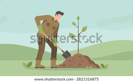 Eco-conscious gardener digging soil with a shovel to plant a young green sapling in a beautiful hilly countryside.