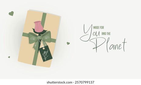 Eco-Conscious Gift Banner with Rose and Typography. Sustainable gift design with rose and eco-friendly tag. Valentines day concept. Present box gift wrapped into kraft paper. Vector illustration