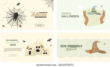 Eco-Conscious Green Halloween Handcrafted Decoration Cards. sustainable Halloween cards. Eco-friendly halloween concept. Banner set. Halloween celebrations banner set. Flat design. Vector illustration
