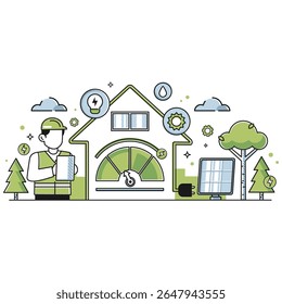 An eco-conscious home illustration featuring clean energy technology like solar panels, promoting sustainability and energy efficiency in modern living.