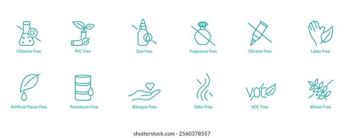 Eco-Conscious Icon Set – Chlorine, PVC, Dye, Fragrance, Silicon, Latex, Artificial Flavors, Petroleum, Allergen, Odor, VOC, and wheat Free Vector Icons