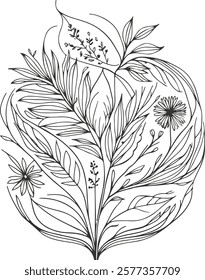 Eco-conscious imagery flower and leaf vector art using only line art