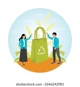 Eco-conscious individuals promoting sustainable living by a large green recyclable bag. Symbolizing environmental responsibility and sustainability. environmentally friendly products concept.
