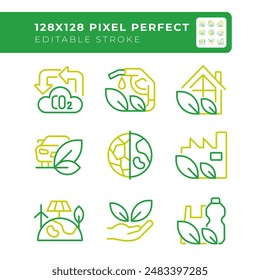 Conjunto de iconos de línea de dos colores. Icono de contorno bicolor de prácticas verdes aislado. Gestión de residuos. Biocombustible. Energía alternativa. Pictogramas duotónicos delgados lineales. Trazo editable