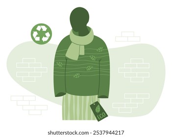 Eco-conscious shopping. Store mannequin in eco-friendly clothing, sweater and scarf made from recycled materials. Vector illustration. Sustainable Fashion, environmental care and green technologies.