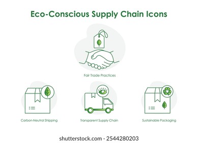 Ícones Ecológicos Da Cadeia De Fornecimento: Cadeia De Fornecimento Transparente, Embalagem Sustentável, Transporte De Carbono Neutro, Práticas De Comércio Equitativo.