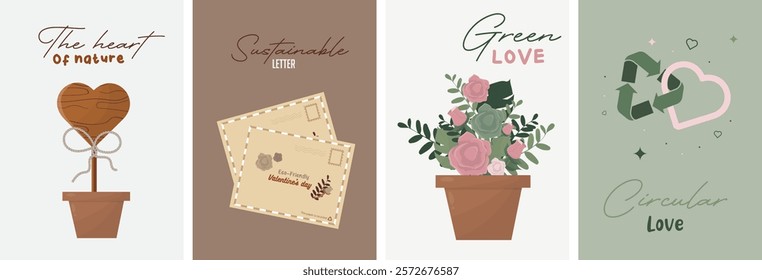 Eco-Conscious Valentine's Day Green Love Illustration Set. Environmentally-friendly Valentine's. Valentine's day concept. Eco-friendly love. Ecological love. Flat style. Vector illustration