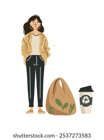 Eco-conscious woman with tote bag and coffee, dressed in natural tones, sustainable urban fashion