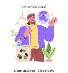 Eco-consciousness concept. Man with reusable bag and globe, reflecting sustainable living and environmental responsibility. Renewable energy and conservation in focus. Vector illustration.