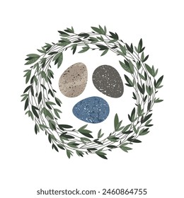 Eco-decor, wreath with green leaves and branches in rustic style. Vector flat illustration. Perfect for poster, print, card, invitation, congratulations.