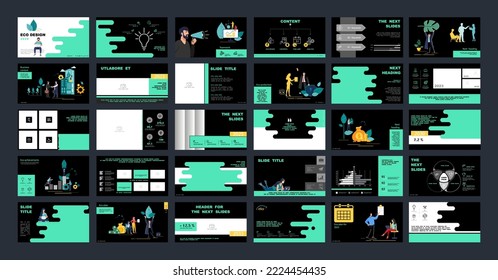 Eco-design City business. Presentation powerpoint template, geometric shapes background, green and black elements.Teamwork, businessman, nature and trees.Use in flyers webinar pages.Vector infographic