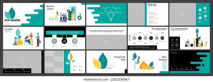 Eco-design City business. Presentation powerpoint template, geometric shapes background, green and black elements.Teamwork, businessman, nature and trees.Use in flyers webinar pages.Vector infographic