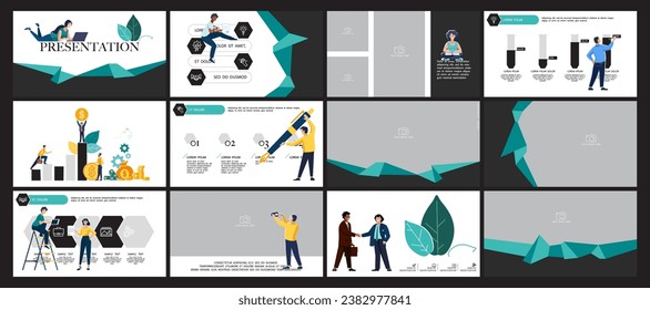 Eco-design City business. Presentation powerpoint template, geometric shapes background, green and black elements.Teamwork, businessman, nature and trees.Use in flyers webinar pages.Vector infographic