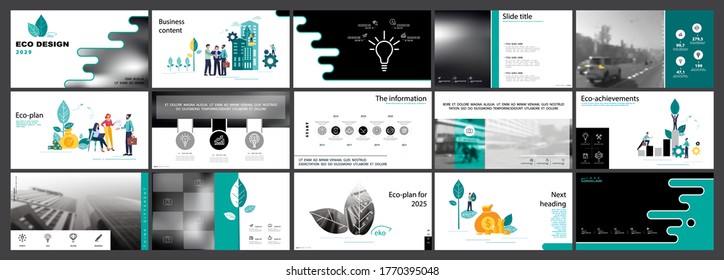 Eco-design City business. Presentation template, geometric shapes background, green and black elements. Teamwork, businessman, nature and trees. Use in flyers and SEO, webinar pages.Vector infographic