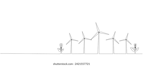 Eco-energy, energy from windmills, wind power plant. Building up ecological energy, increasing environmental friendliness concept in simple linear style of one line. Vector