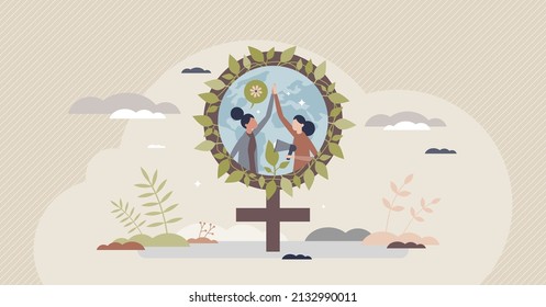 Ecofeminism as feminism with ecological activity effort tiny person concept. Woman union and team to fight for rights and equality vector illustration. Environmental woman movement to protect nature.