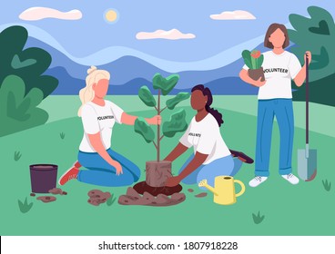 Ecofeminism flat color vector illustration. Volunteers plant tree. Girl scouts protect nature. Female ecologists. Women in ecology 2D cartoon faceless characters with nature scenery on background