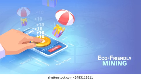 Eco-frendly mining concept. Play-to-earn blockchain games. Man quickly taps his finger on a cell phone screen to score virtual points.