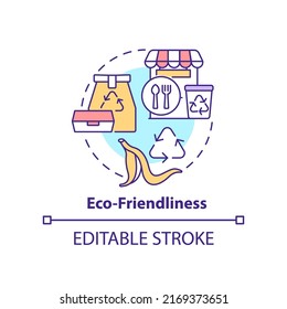 Eco-friendliness concept icon. Creative restaurant business abstract idea thin line illustration. Sustainable consumption. Isolated outline drawing. Editable stroke. Arial, Myriad Pro-Bold fonts used
