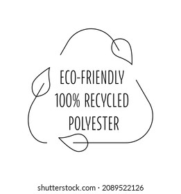 Eco-friendly 100 recycled polyester - icon logo for sustainable product, eco friendly fabric, clothing packaging. Vector stock illustration isolated on white background for design label set. EPS10