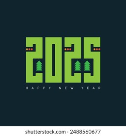 Eco-Friendly 2025: A Digital Forest Welcome. Geometric New Year Numerals Sprout Pine Trees. Minimalist Green Design Hints at Sustainable Future. Festive bright dots Add Holiday Cheer.