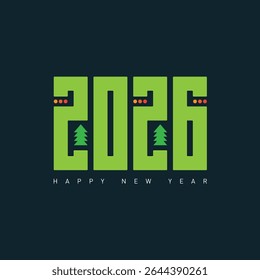 Eco-Friendly 2026. A Digital Forest Welcome. Geometric New Year Numerals Sprout Pine Trees. Festive bright dots Add Holiday Cheer. Minimalist Green Design Hints at Sustainable Future.