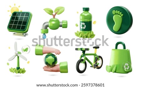 Eco-friendly 3D realistic vector icons collection. Featuring solar panel, water tap, recyclable bottle, wind turbine, bicycle, and green foot symbol, highlighting sustainability in a minimal plastic