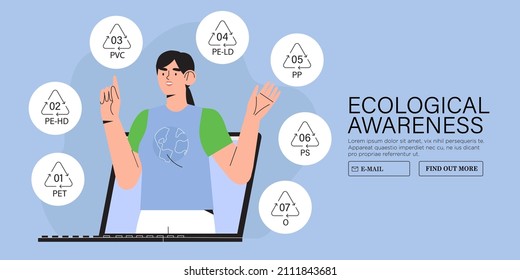 Ecofriendly activist or teacher on laptop screen speak about the importance or right waste sorting and resycle. Recycle and sustainable lyfestyle online seminar or conference call banner, web page.  