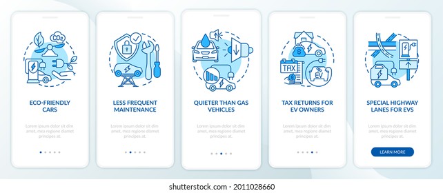 Eco-friendly advantages onboarding mobile app page screen. Electric vehicle service walkthrough 5 steps graphic instructions with concepts. UI, UX, GUI vector template with linear color illustrations