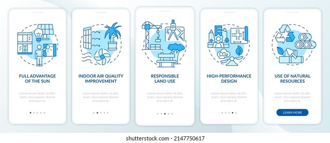 Eco-friendly architecture principles blue onboarding mobile app screen. Walkthrough 5 steps graphic instructions pages with linear concepts. UI, UX, GUI template. Myriad Pro-Bold, Regular fonts used