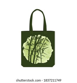 Eco-friendly bag with applied bamboo watercolor print . Decorative element in a canvas bag. Vector illustration isolated on a white background.
