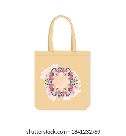 Eco-friendly bag with printed design. Round watercolor decorative element with pink flowers on a canvas bag. Vector illustration isolated on a white background.