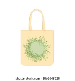 Bolsa ecológica con diseño impreso. Elemento decorativo de césped redondo en una bolsa de lona con espacio para texto. Ilustración vectorial aislada en un fondo blanco.