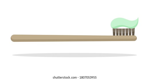 Eco-friendly bamboo toothbrushes with toothpaste isolated on white background. Natural organic bathroom beauty product. Zero waste and eco living, plastic free concept. Vector flat illustration.