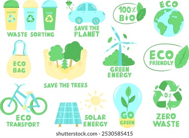 Banner ecológico mostrando lixeiras de reciclagem, energia renovável, desperdício zero e ícones de sustentabilidade. Ideal para campanhas ambientais, conceitos de vida ecologicamente corretos e designs ecologicamente corretos
