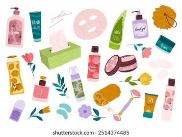 Productos de belleza ecológicos en botellas, tubos, tarros y dispensadores: productos para el cuidado del cuerpo y la cara, cuidado de la piel, crema, perfume, máscaras faciales, champú, gel de ducha. Ilustraciones vectoriales planas aisladas.