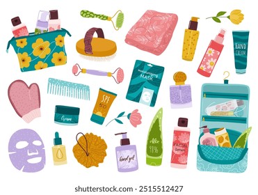 Productos de belleza ecológicos en botellas, tubos, tarros y dispensadores: productos para el cuidado del cuerpo, el cabello y la cara, cuidado de la piel, crema, perfume, máscaras faciales, bolsas de cosméticos. Ilustraciones vectoriales planas aisladas.