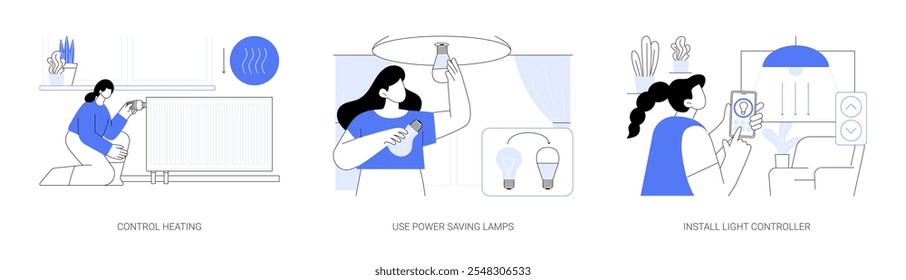 Comportamento eco-amigável isolado desenhos animados vetor ilustrações conjunto. Mulher desliga um aquecimento em casa, usar lâmpadas LED de economia de energia, instalar aplicativo de controle de luz, desenhos animados de vetor de vida eco-friendly.