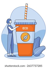 Eco-friendly beverage container illustration featuring a woman interacting with a large drink cup, emphasizing sustainability and environmental awareness in modern design