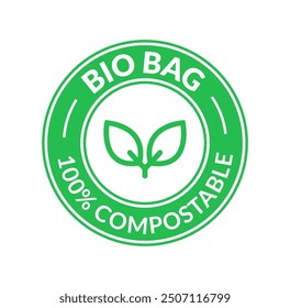 Eco-friendly bio bag logo. Green compostable symbol with leaf design biodegradable packaging