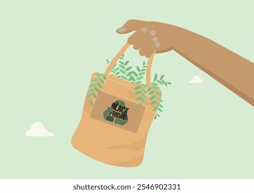 Eco-Friendly Black Friday Shopping Bag with Greenery. Celebrate Black Friday with this eco-friendly shopping bag. Perfect for seasonal promotions. Eco-Friendly Black Friday SALE. Flat vector