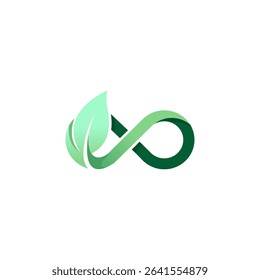 Eco-friendly brand logo with abstract leaf and infinity shape, soft green gradient, representing sustainability and renewal