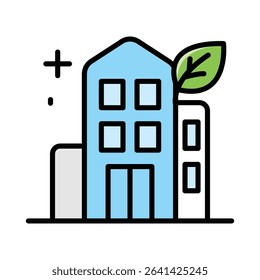 Ecofriendly building featuring a leaf, useful for sustainable architecture concepts, green building projects, environmental designs, and ecofriendly construction materials.