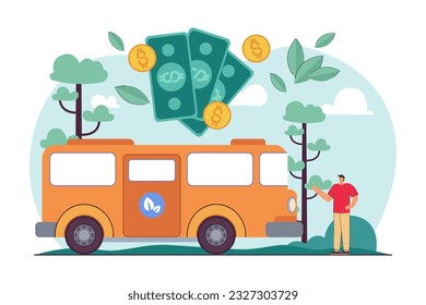 Autobús ecológico con baratos precios ilustrativos vectoriales. Dibujo de conductor o pasajero cerca de un gran vehículo, símbolos de ecología y dinero. Transporte, transporte público, ecología, concepto de pago