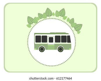 Eco-friendly bus in frame with leaves isolated on light background. Poster of a green electric bus. Electric eco-friendly vehicles.
