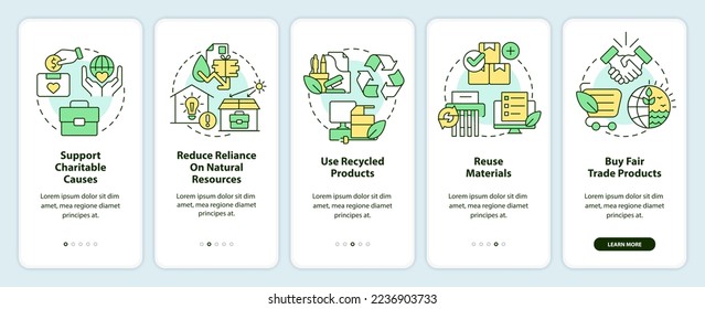Eco-friendly business features onboarding mobile app screen. Walkthrough 5 steps editable graphic instructions with linear concepts. UI, UX, GUI template. Myriad Pro-Bold, Regular fonts used