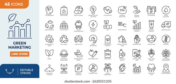 Eco-Friendly Business and Green Marketing line editable icon set. Contains icons related to Sustainability, Recycling, Organic, Environmentaly Friendly Products, and more. Vector illustration