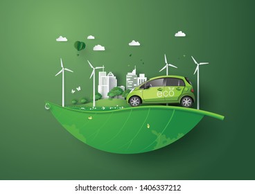 Eco-friendly car in the city.paper art and digital craft style.